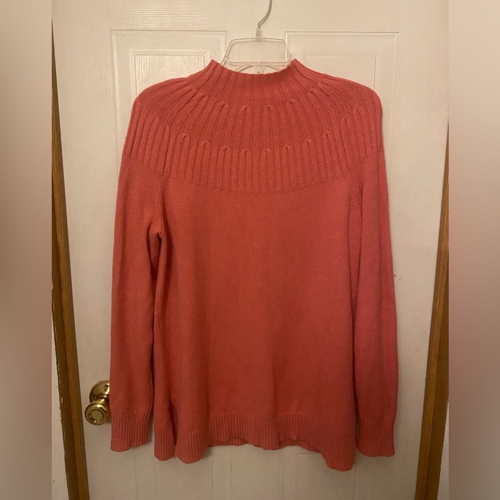 Anthropologie Welford Coral Ribbed Yoke Mock Neck Sweater
